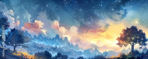 Enchanting Fantasy Landscape with Whimsical Creatures Under Starry Night Sky