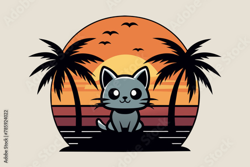  T-shirt design, vector art with black outlines, a cutest dog with palm trees and a sunset front view, with a small beach, illustration © Mohammad