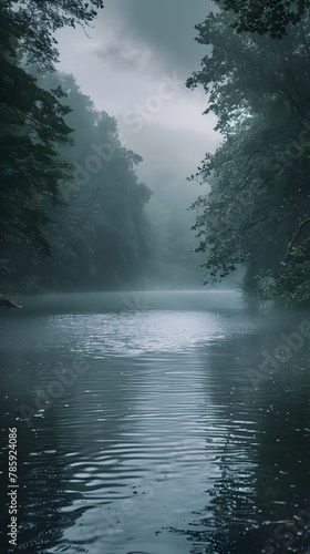 Mystical Fog Shrouded Riverbank in Enchanted Forest Landscape © Nurfadeelah