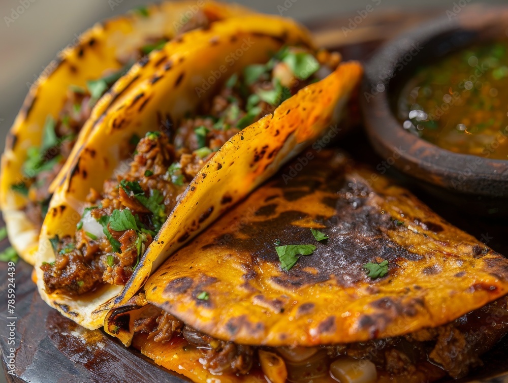 Birria Tacos Consome Dipping Sauce Lime Wedges Beef Food Background Image Stock Illustration