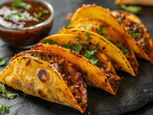 Birria Tacos Consome Dipping Sauce Lime Wedges Beef Food Background Image 