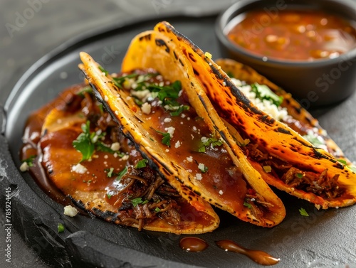 Birria Tacos Consome Dipping Sauce Lime Wedges Beef Food Background Image 