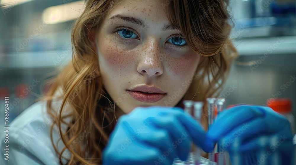 A woman wearing blue rubber gloves and a white lab coat, working in the laboratory preparing test tubes for analysis. Generative AI.