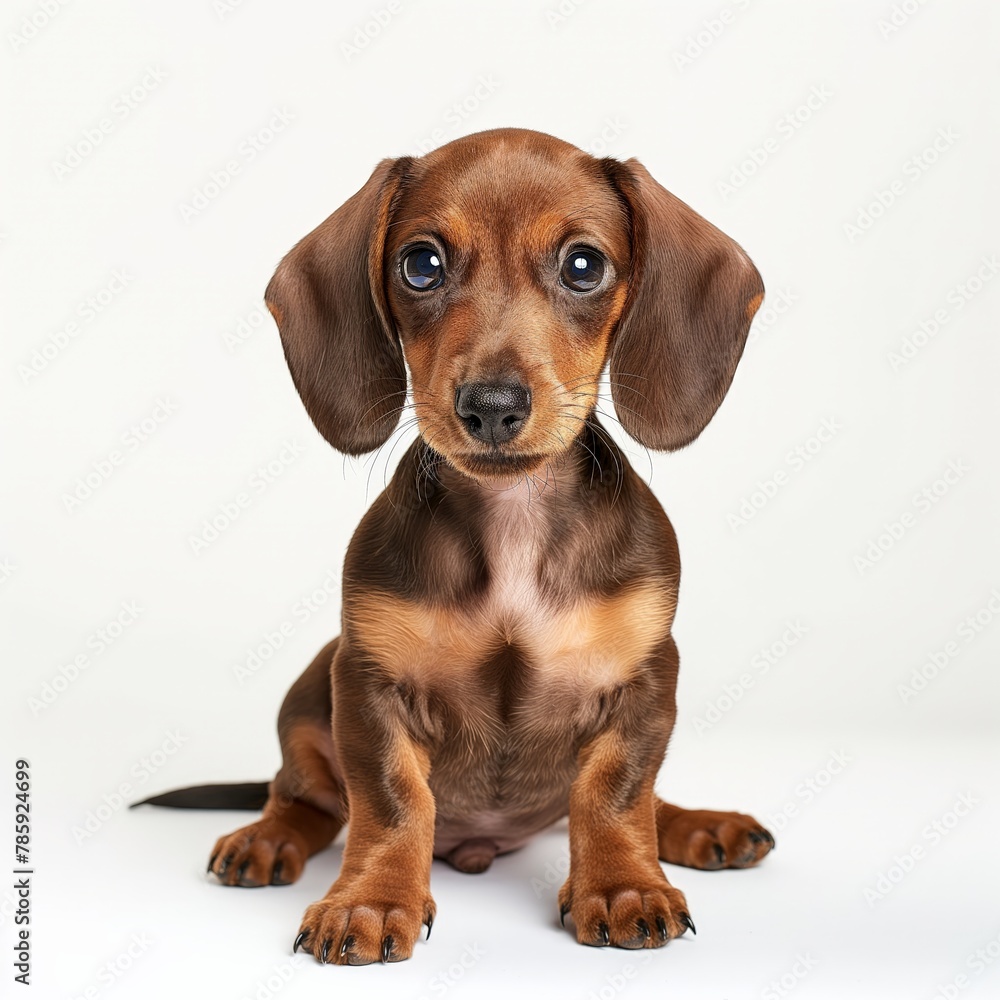 A cute brown dachshund puppy with big expressive eyes sitting against a white background.