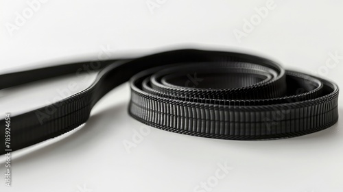 V-ribbed engine belt made of black rubber on a white isolated background in a photo studio of auto parts for replacement during repair or for a catalog of spare parts for sale on auto analysis