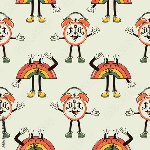 A seamless pattern with funny, cute and smiling alarm clock and rainbow character in a groovy style vector illustration