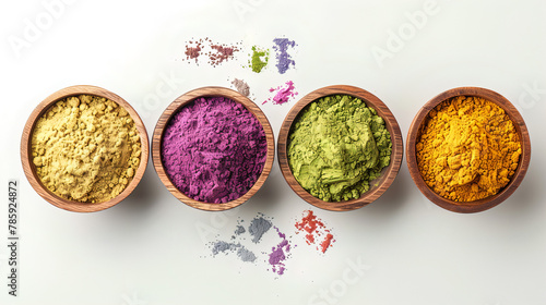 Colourful Holi Powder Bowls from Above - Festive Isolation on a Clean White Canvas