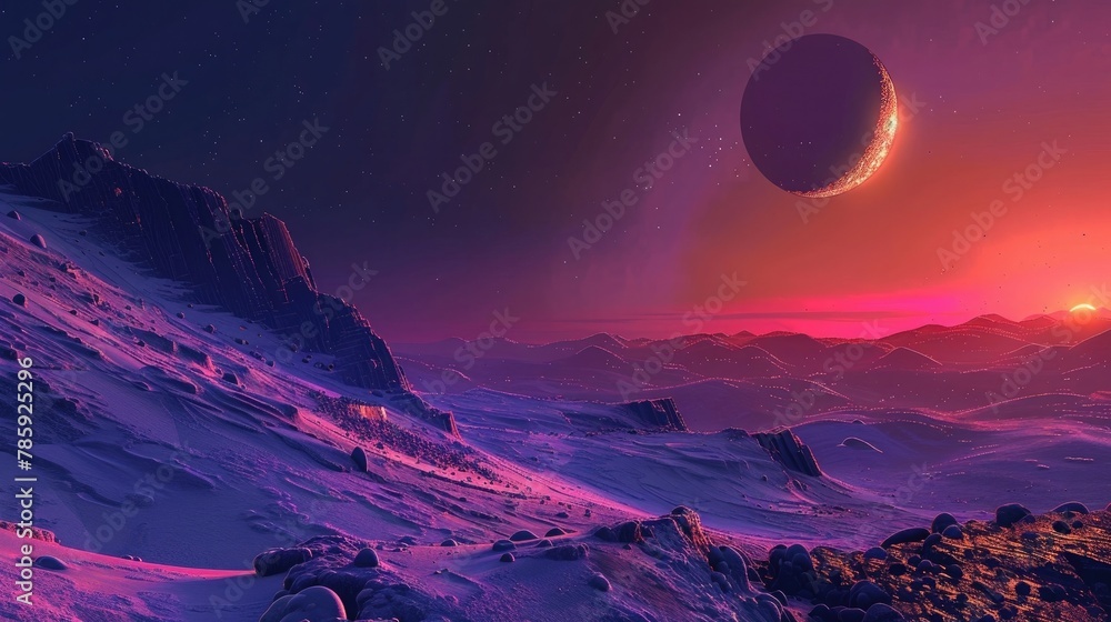 A stunning view of a distant planet bathed in the warm glow of its parent star, with vivid colors painting the alien landscape. A stunning view of a distant planet bathed in the warm glow of its parent star, with vivid colors painting the alien landscape.