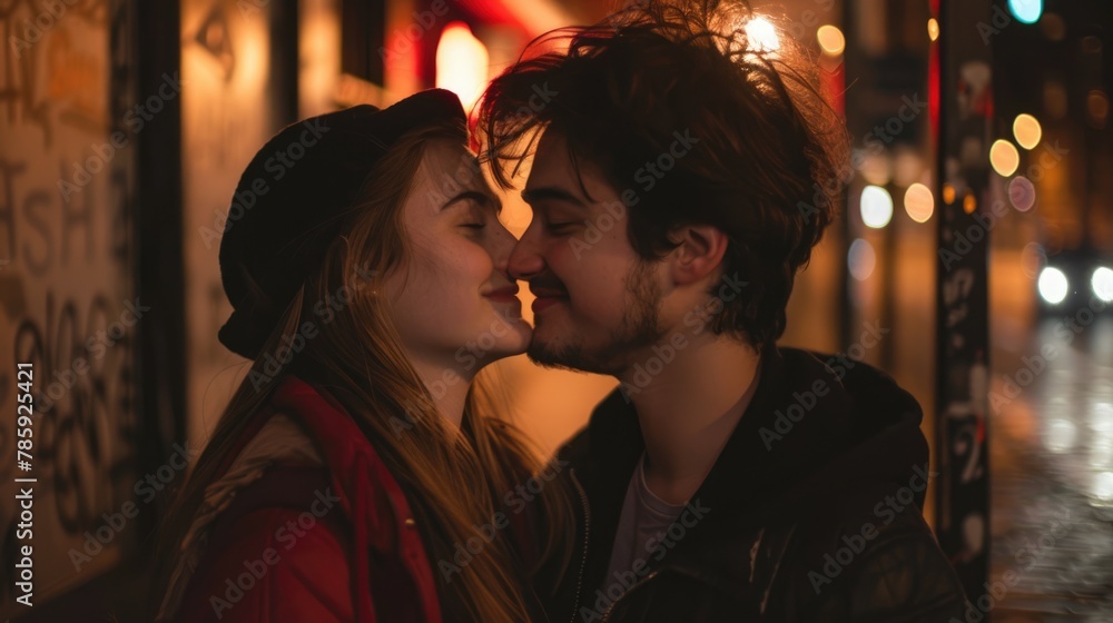 Romantic passion date. Lovely happy couple kiss and hug. Love feelings. Embracing pair. Dating people spend time together. Nice cute boyfriend and girlfriend. Family rest, walk city street outdoor.