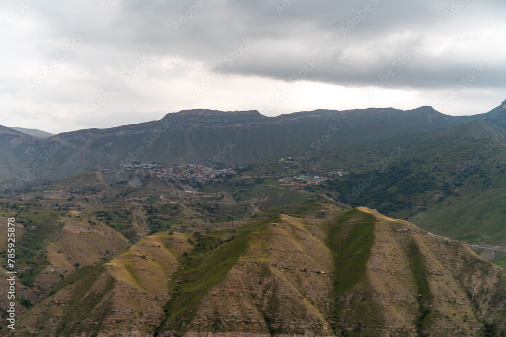 Obraz premium Caucasian mountain. Dagestan. Trees, rocks, mountains, view of the green mountains. Beautiful summer landscape.
