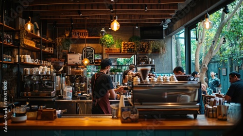 The hustle of a busy coffee shop with patrons enjoying their drinks and baristas crafting coffee, creating a lively community space. Resplendent.