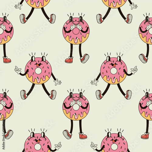 A seamless pattern with funny, cute and smiling donut character in a groovy style vector illustration