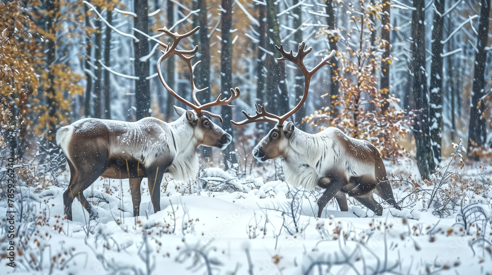 A pair of reindeer playing in a snow-covered forest clearing, th A pair of reindeer playing in a snow-covered forest clearing, th