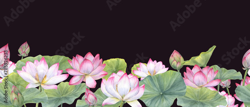 Seamless banner of Indian sacred lotus flowers with leaves. Water lily, Indian lotus, green leaf, bud. Space for text. Watercolor illustration isolated on black background. Horizontal pattern