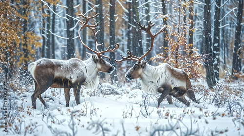 A pair of reindeer playing in a snow-covered forest clearing  th