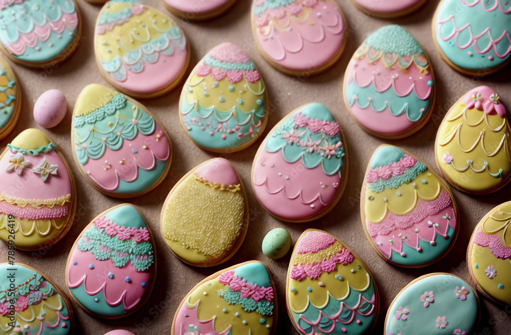 Gingerbread cookies in the shape of eggs. Easter breakfast treats. Generative AI