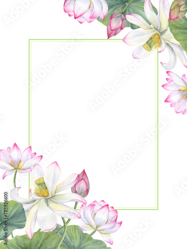 Oriental lotus flowers. Bouquet of Pink white waterlilies  green leaves. Horizontal frame of water lily. Floral composition with copy space for text. Watercolor illustration for wedding greeting