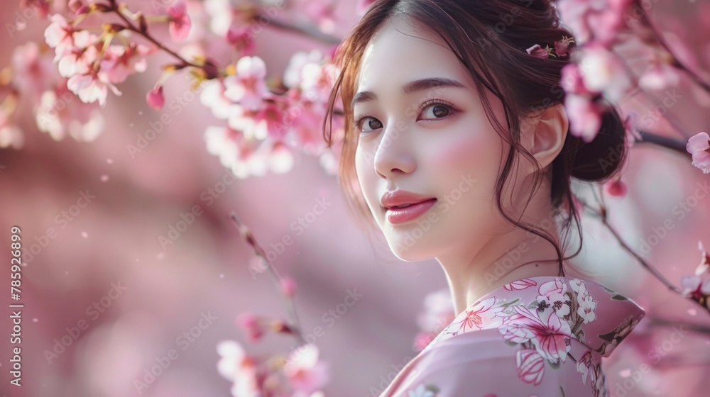 Beautiful Asian lady posing gracefully in a floral kimono under sakura blooms Beautiful Asian lady posing gracefully in a floral kimono under sakura blooms