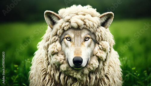 A wolf with fierce amber eyes sparkling through a hole in the sheep's wool. The costume makes it almost indistinguishable from a real sheep.