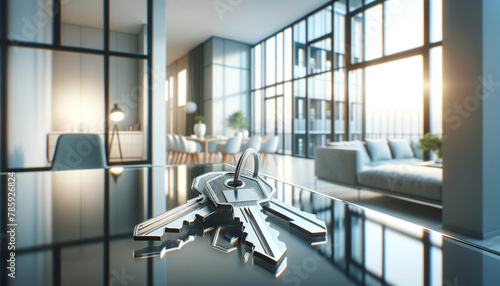 A close-up image of a pair of elegant keys lying on a table, with the soft glow of the morning light of a new apartment. This image suggests a theme of real estate investment and the upscale market.
