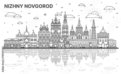 Outline Nizhny Novgorod Russia city skyline with modern, historic buildings and reflections isolated on white. Nizhny Novgorod cityscape with landmarks.