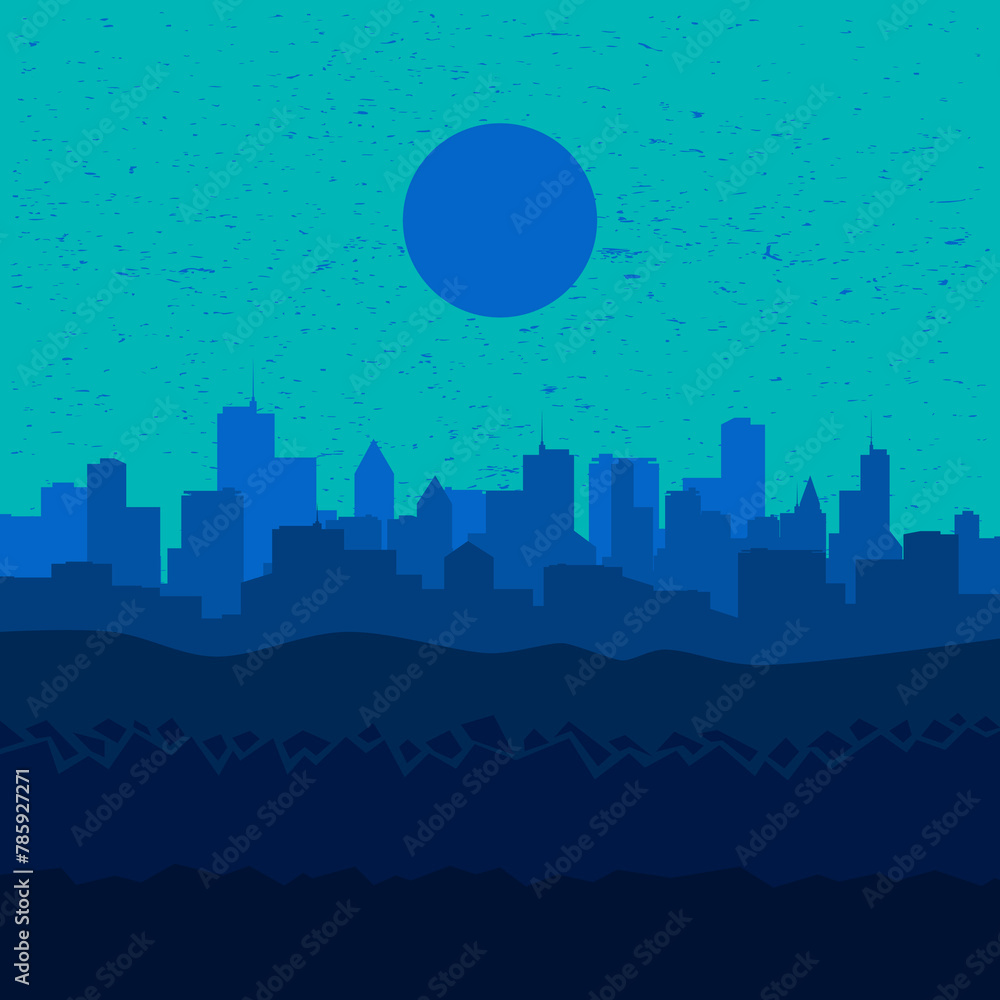 Vector design of urban city background and rock soil land layers in blue color style. Suitable for landing page, wallpaper, banner and web backgrounds.