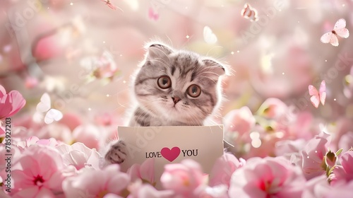 Cute kitten cat holding sign love you in pink flower garden with butterfly. Funny animal message greeting card for mothers day or birthday valentine festive season.
