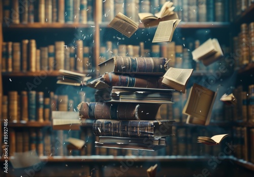 A stack of old books and flying book pages against the background of the shelves in the library. Ancient books historical background. Retro style. Conceptual background on history, education topics photo