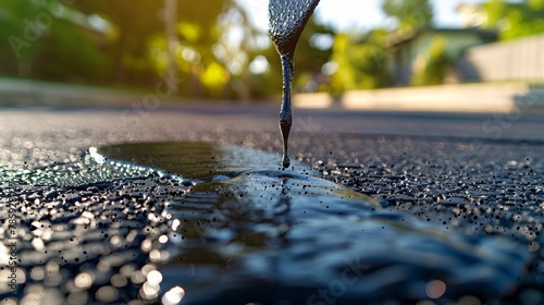 A detailed process of pouring asphalt sealant on a driveway to meticulously repair cracks, ensuring a smooth and durable surface photo