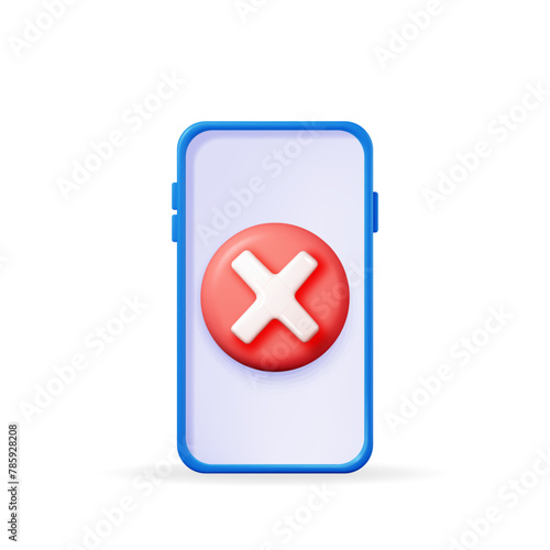 3D smartphone with wrong button in circle. Render no incorrect sign on mobile phone. Red checkmark tick rejection. Wrong choice, cancel, error, stop, disapprove or negative symbol. Vector illustration