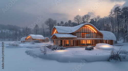 A wooden house with a tensioned membrane structure in the snow, a wooden house hotel, warm light shining from inside. Generative AI. photo