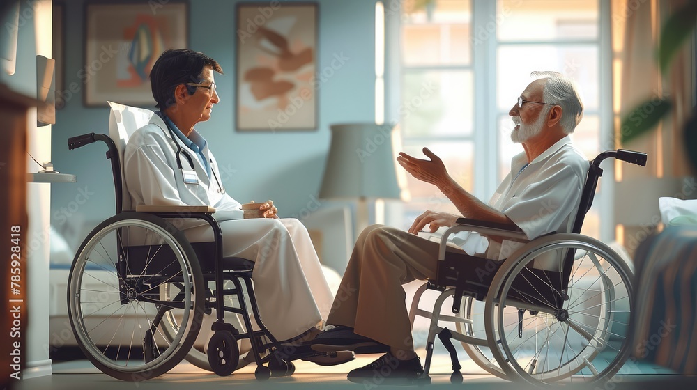 A young nurse takes care of an elderly male patient sit a wheelchair at home, take care elderly concept. Vector illustration style. Generative AI. A young nurse takes care of an elderly male patient sit a wheelchair at home, take care elderly concept. Vector illustration style. Generative AI.
