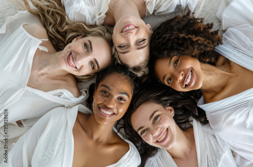 multiracial women in white robes laying on their backs and smiling at the camera