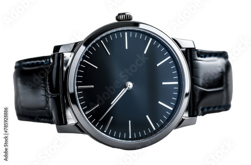 Classic black wristwatch with glossy leather strap isolated on transparent background