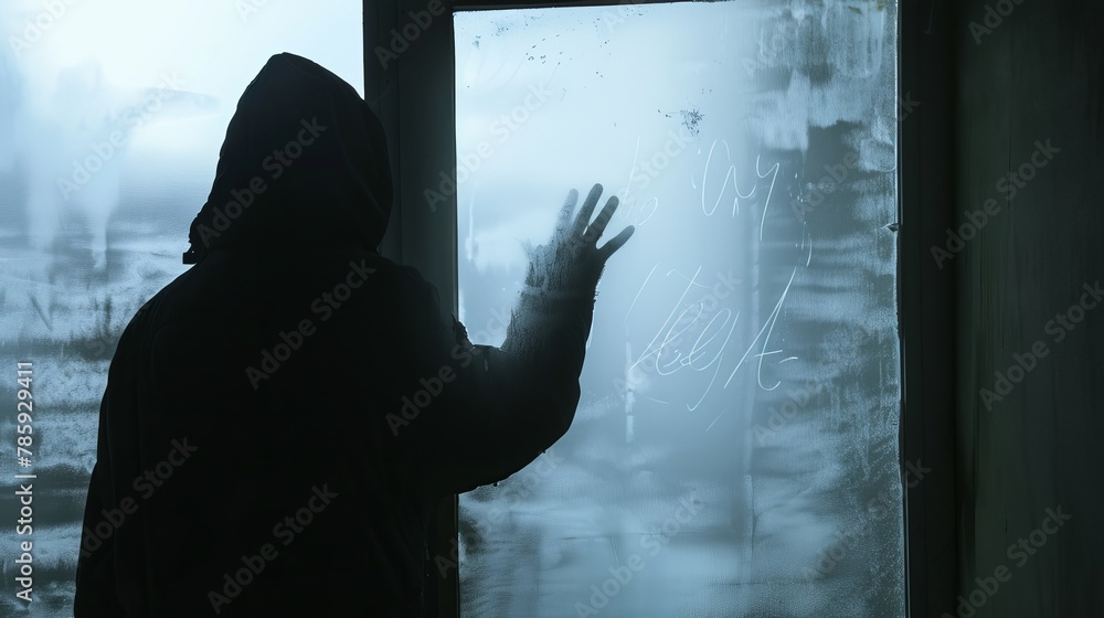 Mysterious Cloaked Figure Writing Message on Misty Window