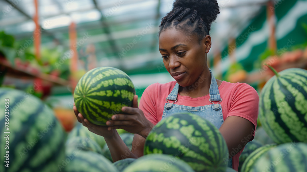Her commitment to agriculture, health, and organic farming is evident as she inspects each fruit for ripeness and freshness. Her commitment to agriculture, health, and organic farming is evident as she inspects each fruit for ripeness and freshness.