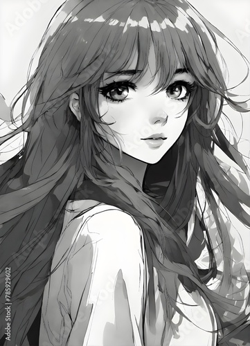 A black and white picture of an anime girl in long hair, in the style of subversive appropriation, blink - and - you - miss - it detail, bold chromaticity, the new fauves, charming characters