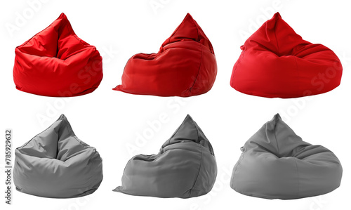 2 Collection set of red maroon grey gray plain beanbag bean bag seat chair, front side view on transparent cutout, PNG file. Many angle. Mockup template for design
