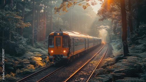 A modern train running through the forest on a sunny summer day with natural light in the landscape. Generative AI.