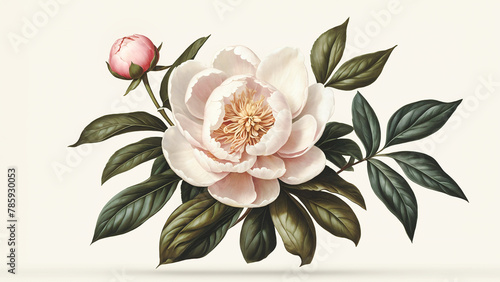 Vintage botanical illustration of blooming pink white peonies and leaves. Peony flowers