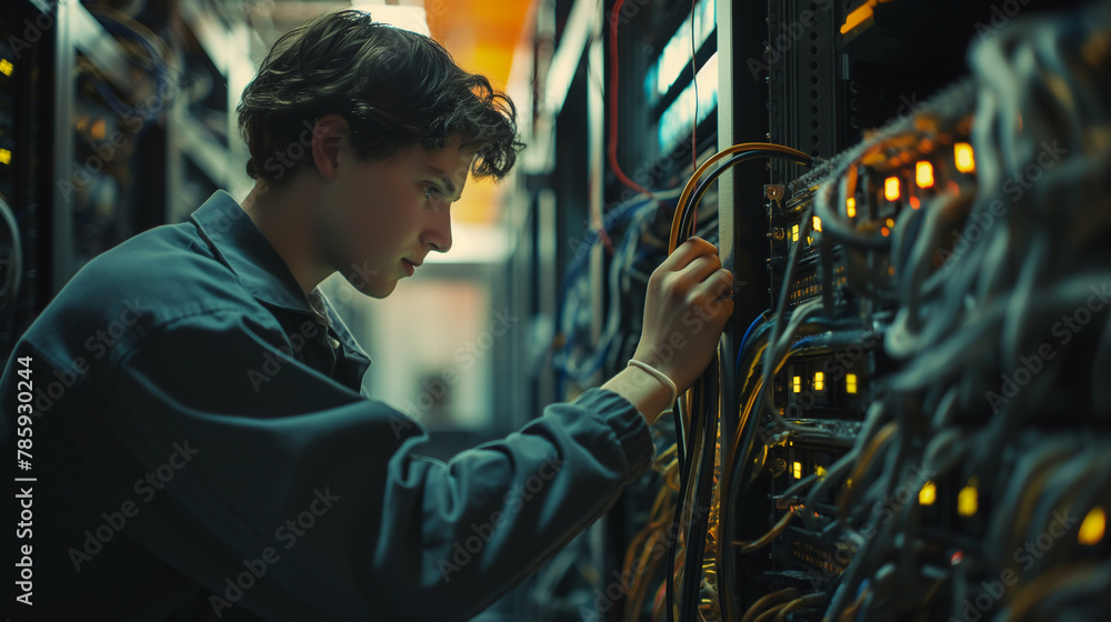  Amidst the buzzing machinery of a server room, a side view portrait showcases a young technician clad in protective workwear as they set up a network.