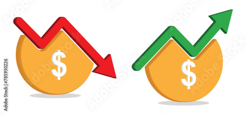 price or rate increase and decrease icon, 3d set of cost symbol dollar, money, coin sign with arrow up and down. transparent vector illustration