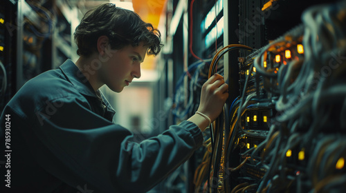  Amidst the buzzing machinery of a server room, a side view portrait showcases a young technician clad in protective workwear as they set up a network. photo