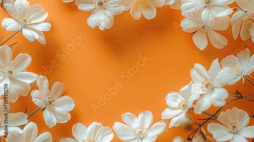 Background for mockup with white flowers and orange background. Generative AI.