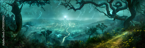 Mysterious Nighttime Journey through Magical Forest towards Emerald City in 'Oz' story © Herman