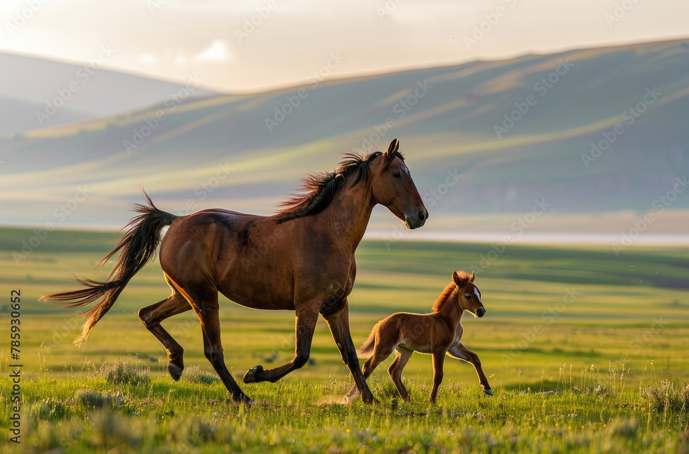 Beautiful horse and foal running in the grassland