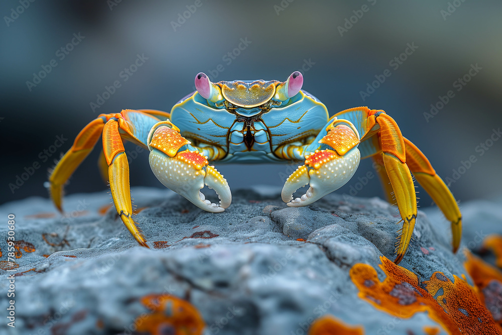 A red crab with claws scurries across the sandy beach near the ocean. A red crab with claws scurries across the sandy beach near the ocean.