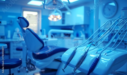 A banner showcasing a dentist s office room  featuring a close-up of various dental instruments and tools  with a blue toning effect applied.