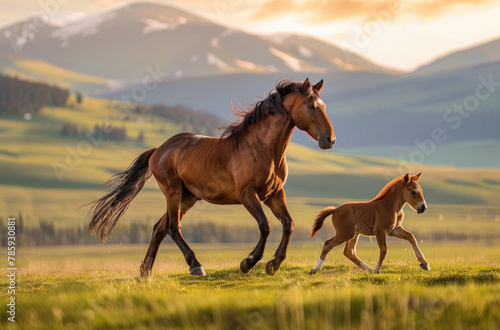 Beautiful horse and foal running in the grassland