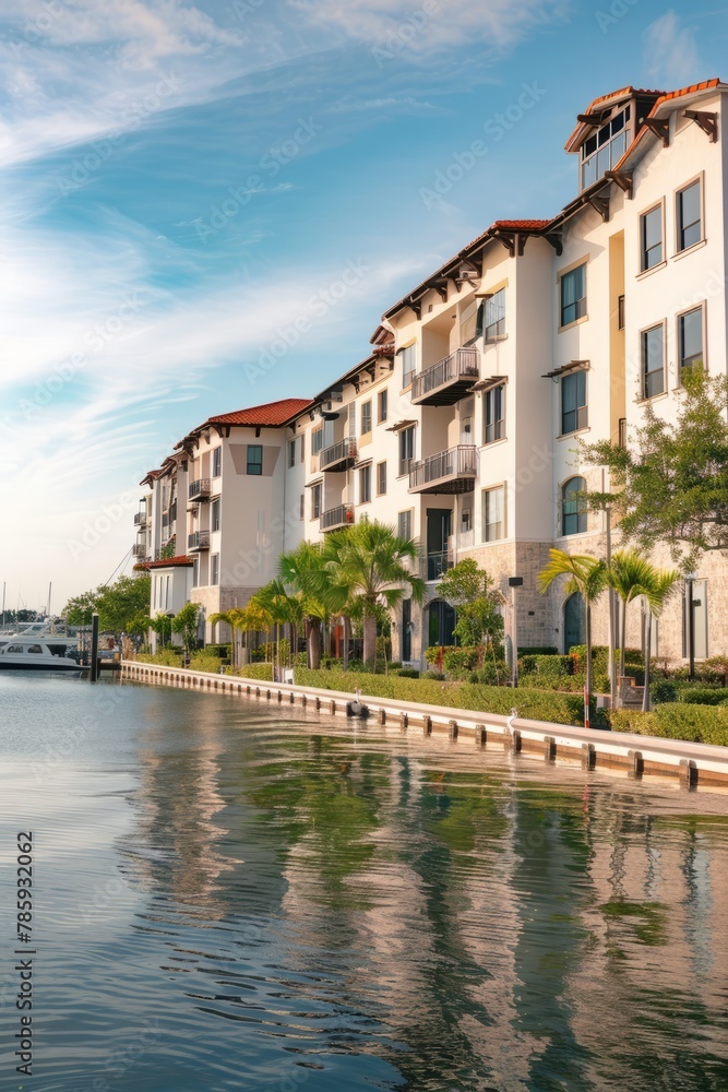 A waterfront condominium complex overlooking a serene lake or ocean, with luxury apartments, private marinas, and resort-style amenities, Generative AI